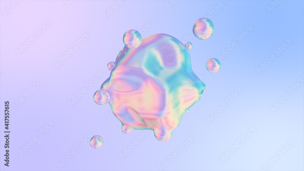 Poster holographic liquid blobs abstract flowing animation. 3d illustration