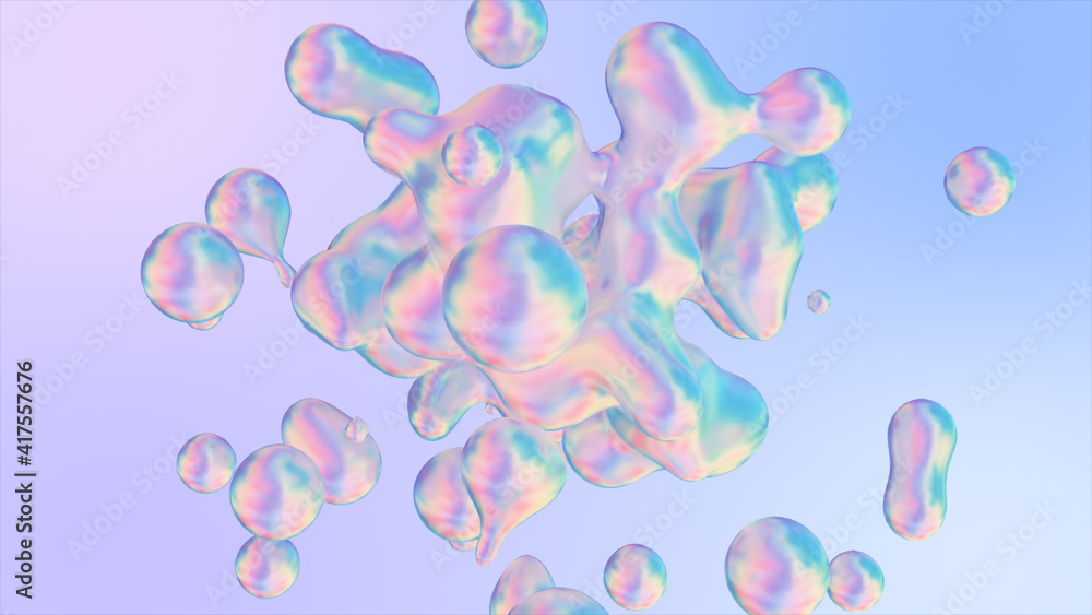Poster Holographic liquid blobs abstract flowing animation. 3d illustration