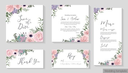 Fototapeta na wymiar Vector floral template for wedding invitation. Pink roses, anemones, succulents, berries, green leaves and plants. Invitation card, thanks, rsvp, menu.