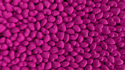 Obraz na płótnie Canvas Falling dynamic pink hearts filling the screen on isolated black background. 3d illustration