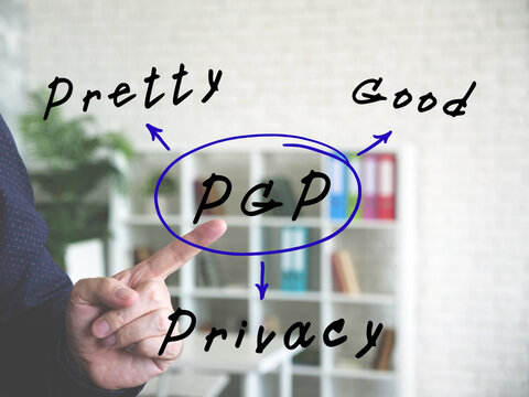 Written phrase PGP Pretty Good Privacy . Interior of modern business office on an background.