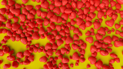 Many red hearts falling into the pile of hearts on pink background. 3d illustration