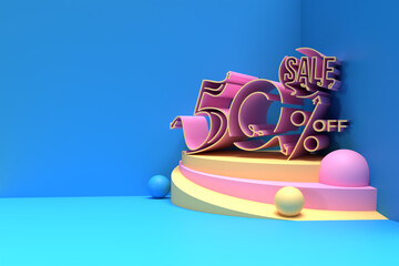 3D Render Abstract 50% Sale OFF Discount Banner Display Products Advertising 3D Illustration Design.