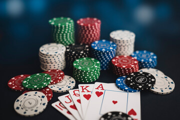 poker cards and chips gambling casino table