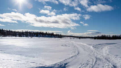 Skiing trip winter landscape with snow and sunshine