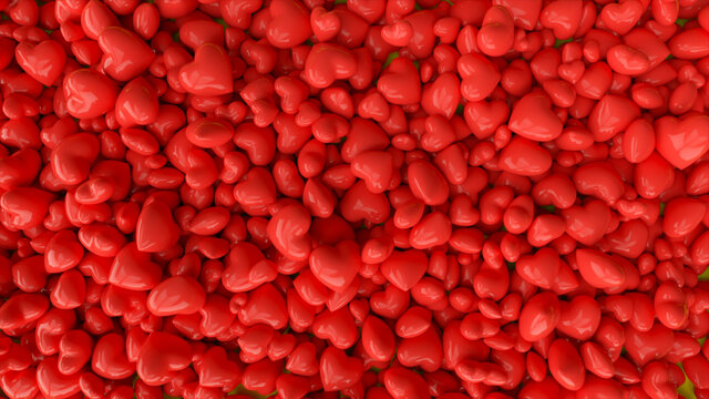 Many red hearts falling into the pile of hearts on pink background. 3d illustration
