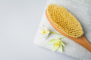 Massage brush for the body. Dry anti-cellulite massage. Wooden brush made of cactus and boar fiber. On a blue background.