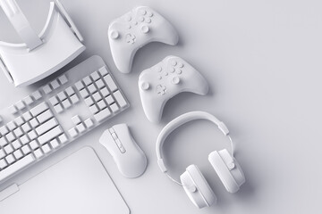 Top view of gamer workspace and gear like mouse, keyboard, joystick, headset, VR