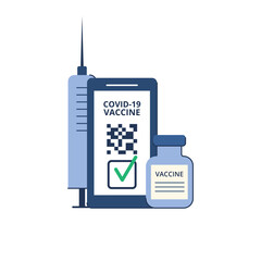 Time of vaccination against covid-19. Virus protection. Testing for antibodies. QR code on a smartphone with a test result. Isolated concept on white background. Vector illustration