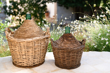 Due demijohn in a garden, made in Puglia are a glass container, covered with a wicker weave in the shape of a basket and with a wooden bottom, capable of containing, traditional way to preserve wine