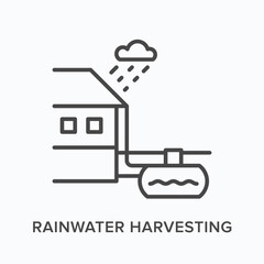 Rainwater harvesting flat line icon. Vector outline illustration of house and water tank. Black thin linear pictogram for aqua save