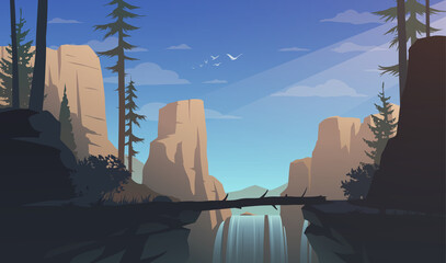 Mountains landscape illustration with waterfall