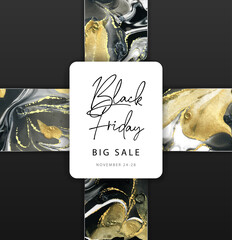 Typography Black friday big sale banner with Alcohol ink texture. Marble black and gold artistic background