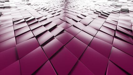Abstract modern background from cubes. Pink rotating diagonal squares. Ultra-wide camera angle. 3d illustration