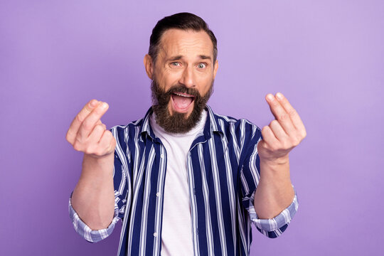 Photo Of Frustrated Angry Mature Man Show Italian Gesture Isolated Over Purple Color Background