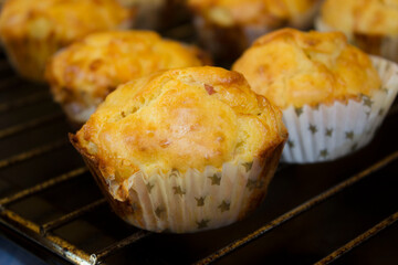 Closeup of freshly baked savory muffins, with melted cheese and bacon