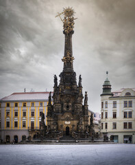 Old Town Square with Holy Trinity - UNESCO - Column in Olomouc in winter, Czech Republic.