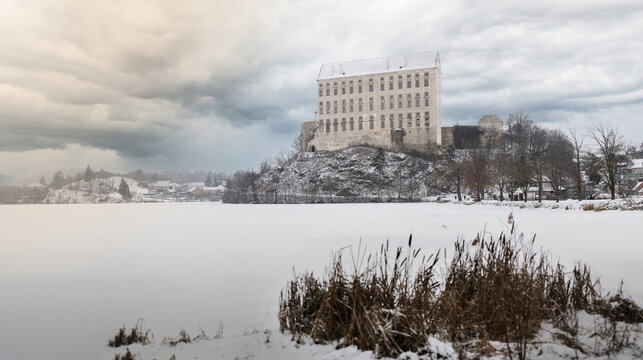 Unfinished unique castle Plumlov in the Renaissance style near the town of Prostejov near Olomouc in winter