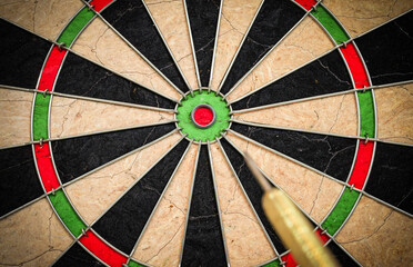 Moving dart flying to the bullseye of the dartboard.