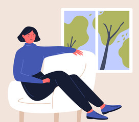 Woman sitting in chair at home, looking at window. Stay home illustration. Flat vector character design.