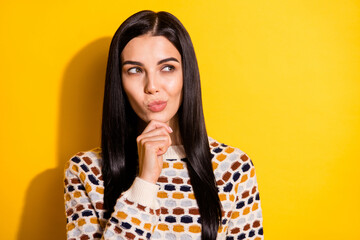 Photo of nice youngster lady look side empty space thinking wear sweater isolated vibrant color background