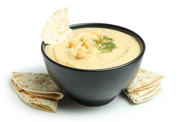 Bowl of hummus and pita isolated on white background