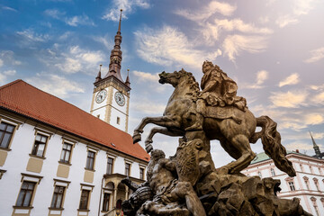 Caesar Fountain and Town Hall Clock Tower in Olomouc in winter time