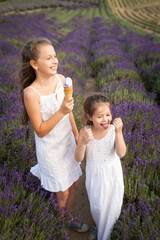 Cute sisters having fun in a lavender field