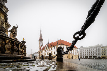 Olomouc - baroque pearl of Moravia Main square with column of st. Trinity in winter mist