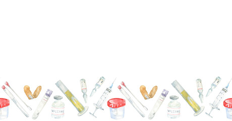 Decorative horizontal strip of medical equipment. Ribbon border of healthcare objects collection such as a syringe, flask, cotton swab, the buds, container