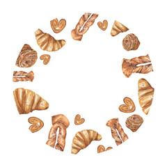 Template for bakery. Watercolor round frame of pastries