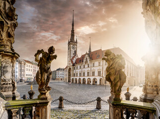 Olomouc - baroque pearl of Moravia Main square with renessaince townhall from column of st. Trinity in winter - obrazy, fototapety, plakaty