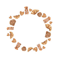 Template for bakery. Watercolor round frame of pastries