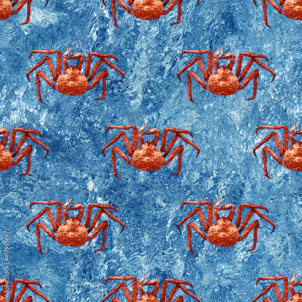 Poster seamless pattern of red crabs against the water