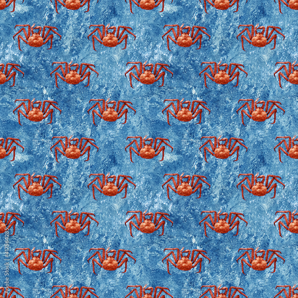 Poster seamless pattern of red crabs against the water