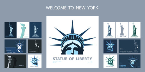 Statue of Liberty design template set. Banner, geometric multicolored flat design. New York. Booklet, album poster. Name of the Annual Report Ad Text. X-banner. Information banner, vector illustration