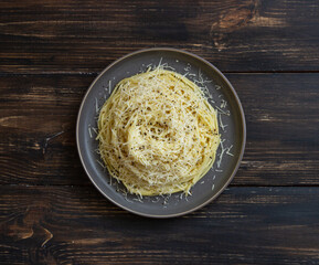 Roman pasta spaghetti with black pepper and cheese. Cacio e pepe. Recipes. Wine.