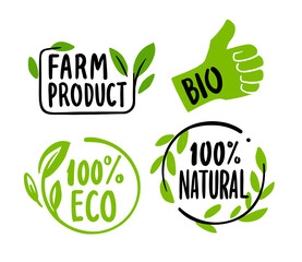 Organic labels. Fresh eco vegetarian emblems, vegan label and healthy foods logo. Sticker or ecological product stamp.