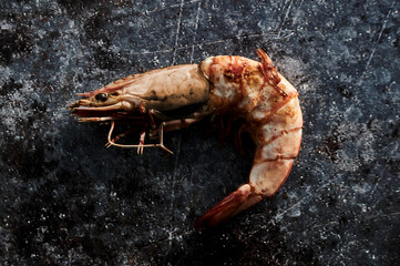 Delicious grilled tiger prawn on dark table