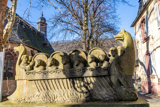 stone statue of  the ship of a wine merchant with barrels in Neumagen Dhron from roman times