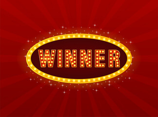 Retro lightbox with winner light on red background. Win prize. Celebration vector background. Winner award.