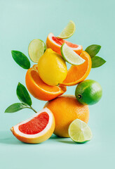 pyramid of citrus fruits on a blue background