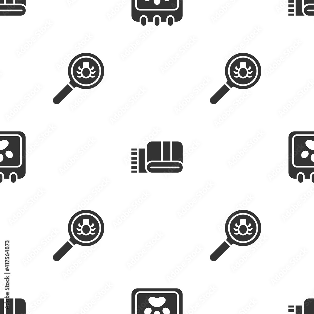 Poster set calendar grooming, towel stack and flea search on seamless pattern. vector.