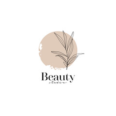 Line drawing leaves, branches, fashion concept, minimalist beauty, vector illustration with line on abstract spot. Fashion beauty ogo template. Minamalism style. Elegant. Luxury. - 417564803