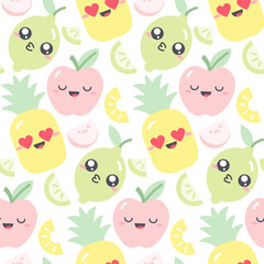 Seamless pattern design with kawaii fruits in pastel colors. Funny illustration with cute fruit characters for kids clothes. Drawing of apple, pineapple and lime