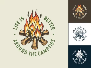 Foto op Plexiglas Set of camp burning campfire emblem with flame for camping design or t-shirt print © Casoalfonso