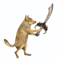 A beige dog fights with a pirate cutlass. White background. Isolated.