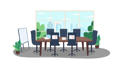Remote working flat color vector illustration. Business plan during corona virus pandemic. Rules during lockdown. Managing positions 2D cartoon interior with big statistic chart on background