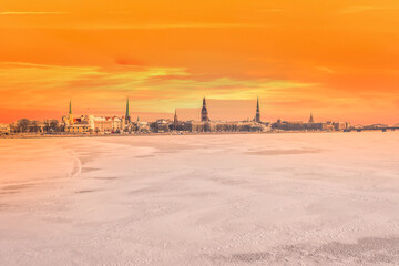 Frozen River next to Riga, Latvia in mid Winter Sunset