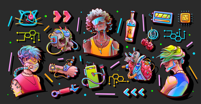 Young men and objects in cyberpunk style
